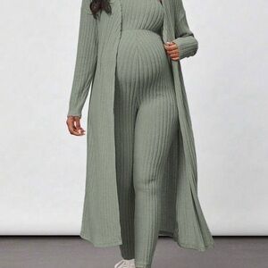 SHEIN Sage Green Ribbed Maternity Jumpsuit with Long Duster